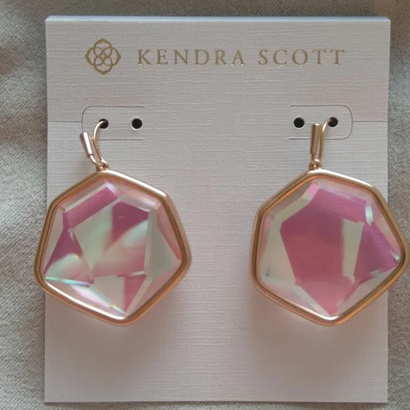 NWT Kendra Scott Vanessa Rose Gold Drop Earrings in Blush Dichroic Glass